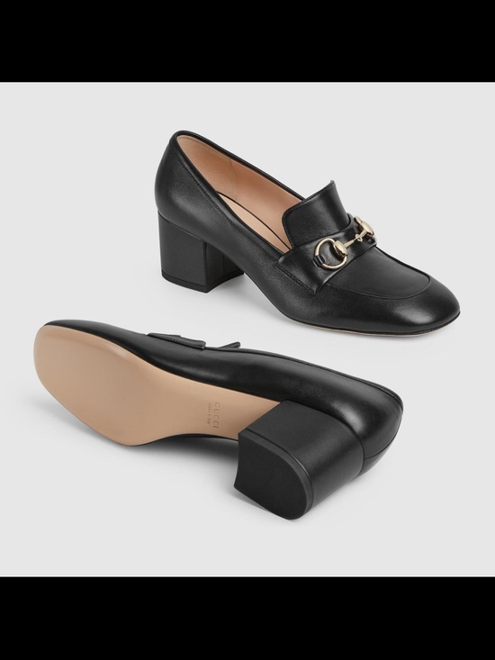 Gucci Shoes - Gucci Black Leather Mid Block Heel Loafers with Gold Horsebit